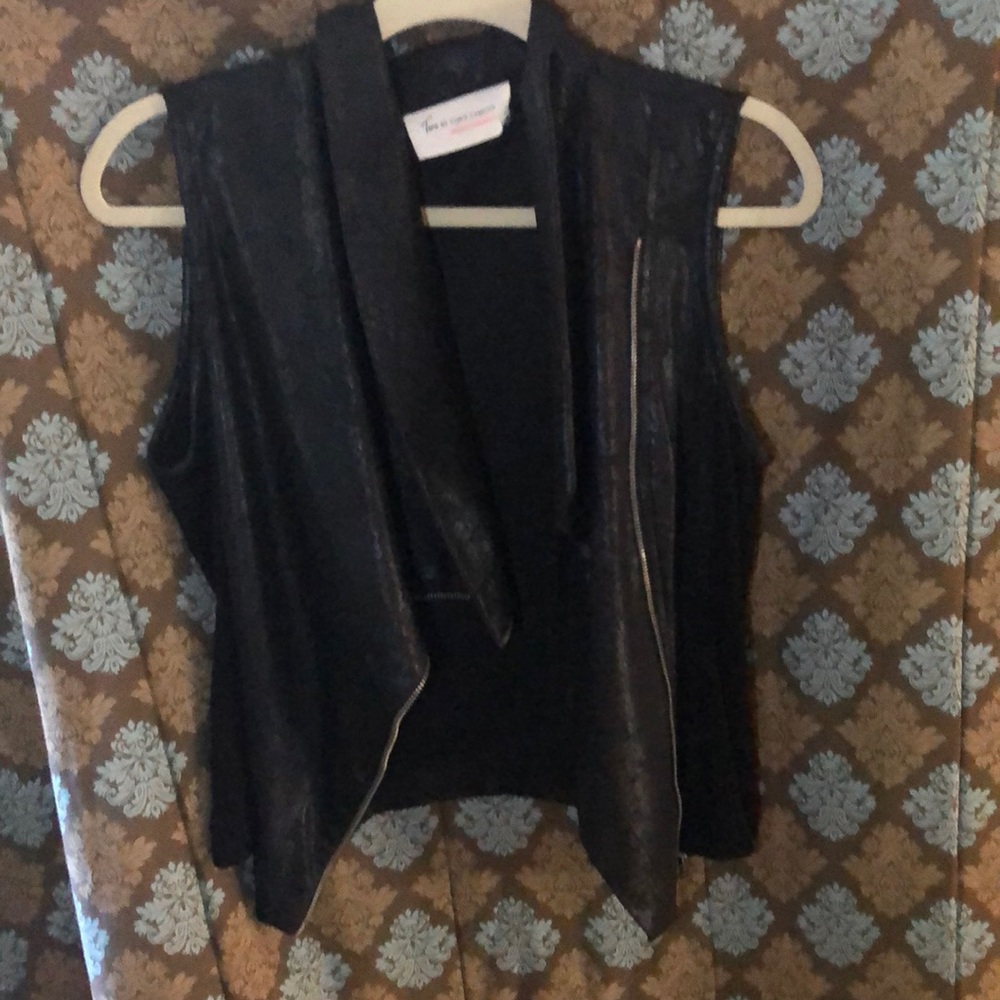 Drape front faux leather vest with sheen